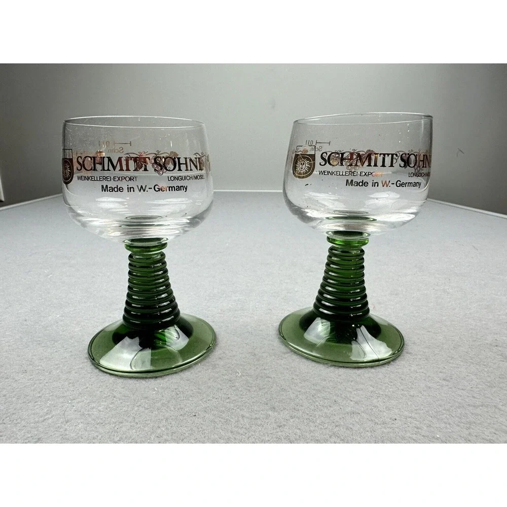 Twin Schmitt Sohne Green Beehive‎ Stem Wine Goblet Glasses Vintage